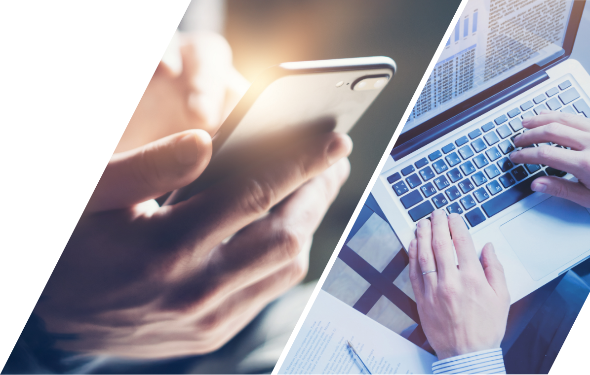 スマートフォンを操作している手元の写真,ノートパソコンで作業している手元とグラフの画面の写真